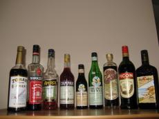 (L-R) Torani Amer, Ramazzotti, Aperol, Campari, Fernet Branca, Branca Menta, Gran Classico, Amer Picon, and Del Capo